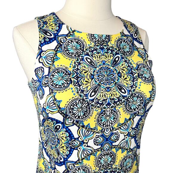 London Style Mandala Print Sleeveless Shift Dress Size 8 Yellow Blue Cotton - Picture 3 of 14